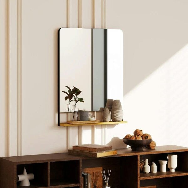 Wall Mirror with Wood Shelf - Black - Black