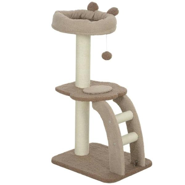 Indoor cat tree with beige posts, brown platforms, stairs, and hanging ball