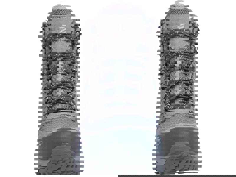 Karrimor Bodmin Mid 6 Womens Walking Hiking Trekking Boots, front view of the rugged outdoor shoes in shades of blue and grey with durable laces and treaded sole.