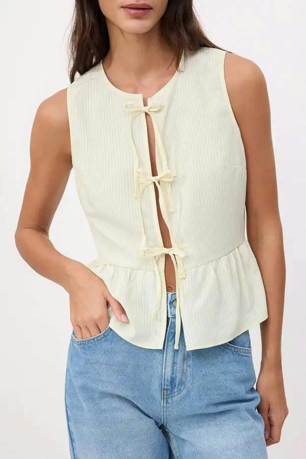 Striped Tie Front Sleeveless Woven Blouse