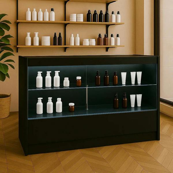 Sleek black LED retail shop counter C1500 with illuminated shelves, displaying various cosmetic bottles in a modern setting
