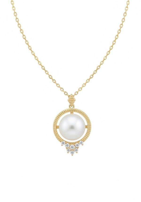 Gold necklace with a pearl pendant on a white background
