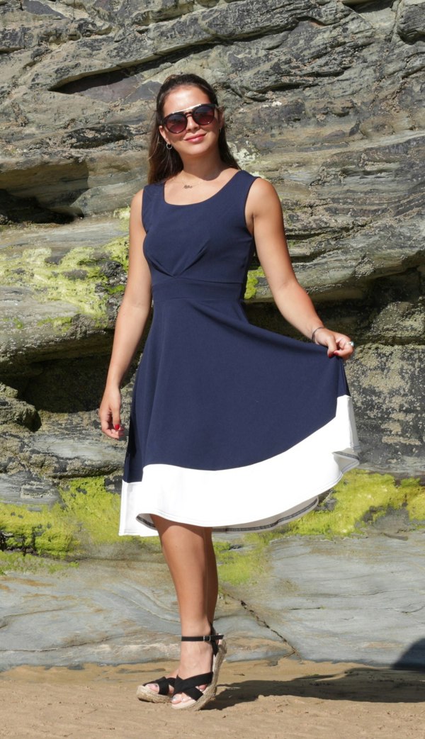 Frock Tales Isabella Dress - Navy And White With Contrast Stitch