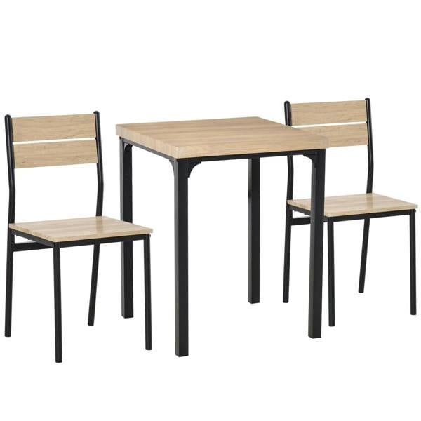 Compact dining table with two light wood chairs, black metal frames