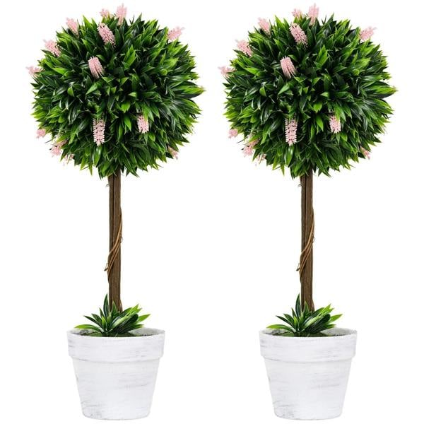 Set of 2 artificial ball tree plants in white pots with pink flower accents