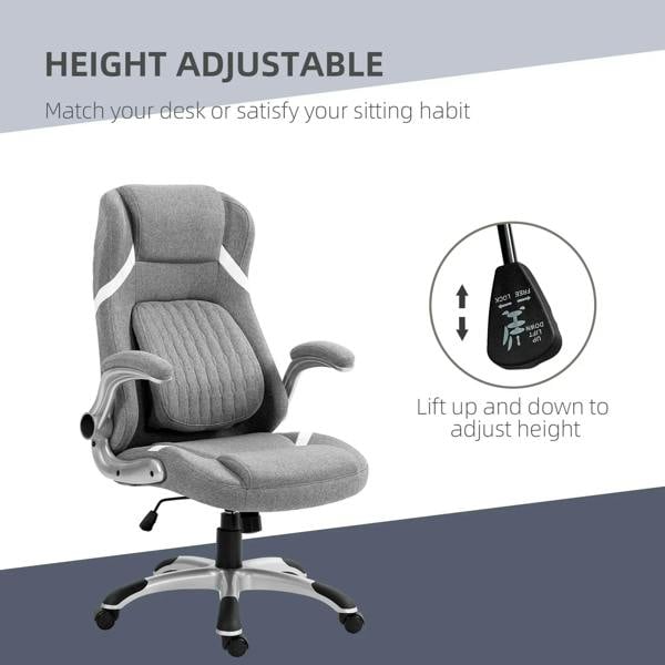 Grey linen-look office chair with flip-up armrests, padded seat, and adjustable-height stem