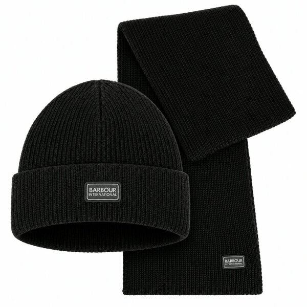 Barbour International Sweeper Legacy Beanie Hat & Scarf Gift Box Set Black