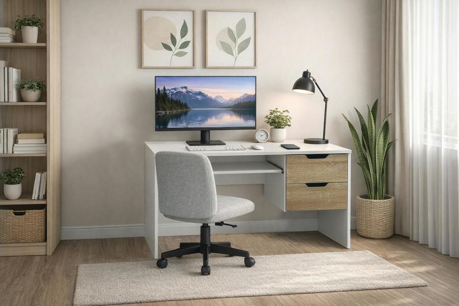 Kudlhome Modern Home Office Desk with Storage Drawers, White/Oak Effect