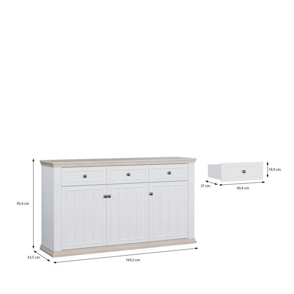 Furniture To Go Pontypool 3 Drawer & 3 Door Sideboard in White and Riva Oak