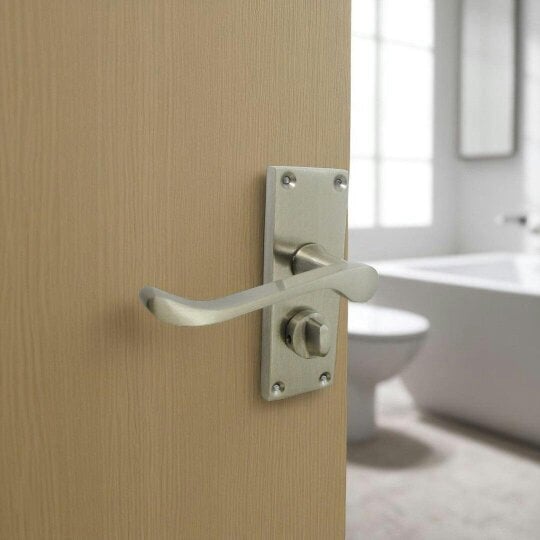 EDH Door Hardware Victorian Scroll Satin Nickel Bathroom Door Handles Set with Privacy Lock 2 Pair