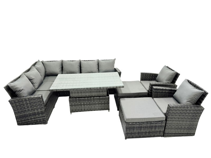 Fimous Poly Rattan Outdoor Patio Height Adjustable Rising Lifting Table Corner Sofa Set with 2 Big Stool,2 Chairs for Garden Backyard Dark Grey Mixed