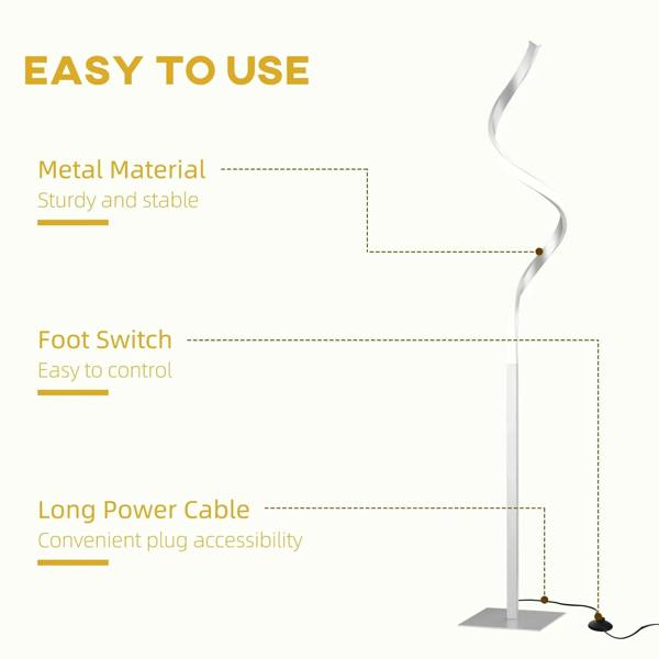 Spiral LED floor lamp with foot switch, power cable, and square base