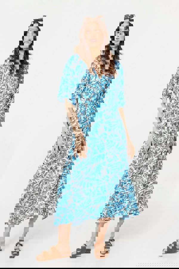 Blue | Leaf Print 1/2 Sleeve Wrap Dress