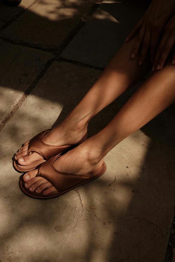 Pretty You London Satin Thong Sandal In Toffee