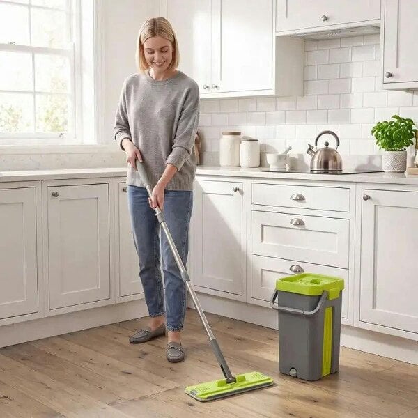 Bobobiy Mop and Bucket Set, Compact Flat Mop System with Wringer, 2 Chambers, 5 Reusable Pads, Dark Grey and Green - Dark Grey and Green