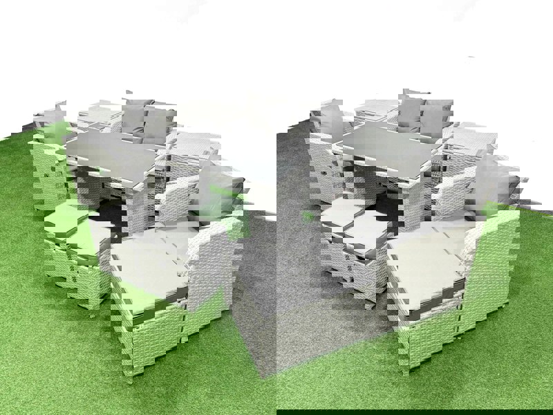 Fimous Outdoor Rattan Garden Furniture Dining Set 7 seater Patio Rectangular Table Love Sofa Reclining Chair Set with 2 Side Tables 3 Stools