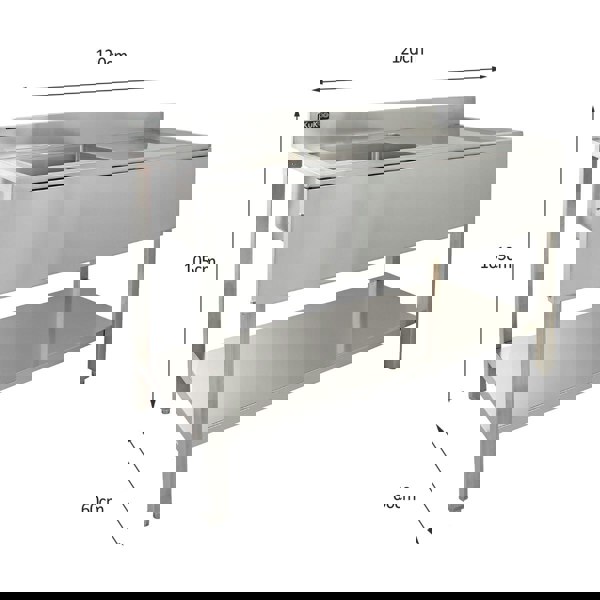 KuKoo Commercial Sink With Pre-Rinse Tap, 6ft Stainless Steel Catering Bench, 2 x Wall Mounted Shelves