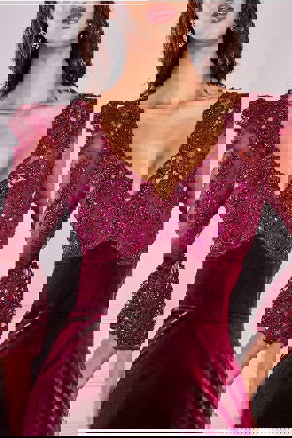 Scalloped Lace & Velvet Maxi Dress - Burgundy DR3972