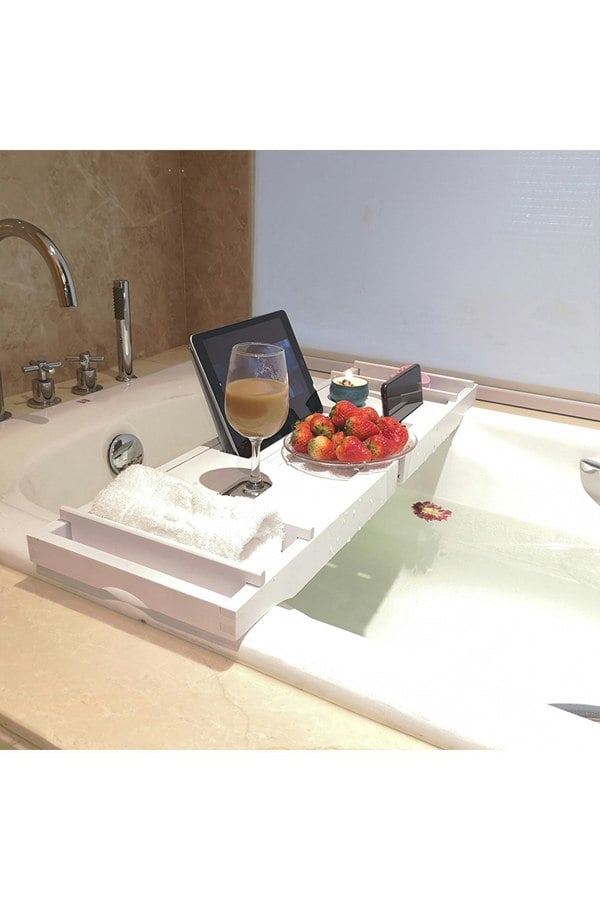 Living and Home Multifunction Expandable Bamboo Wooden Bathtub Caddy Tray Bathroom Storage Rack