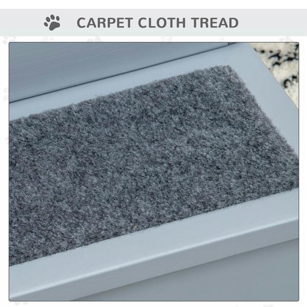 Close-up of textured gray carpet tread on a pet stairs step