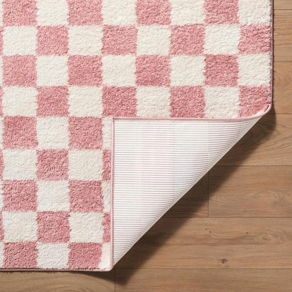 Livabliss Fossay Shag-Washable Pink Ivory Modern High Pile Checkered Rug