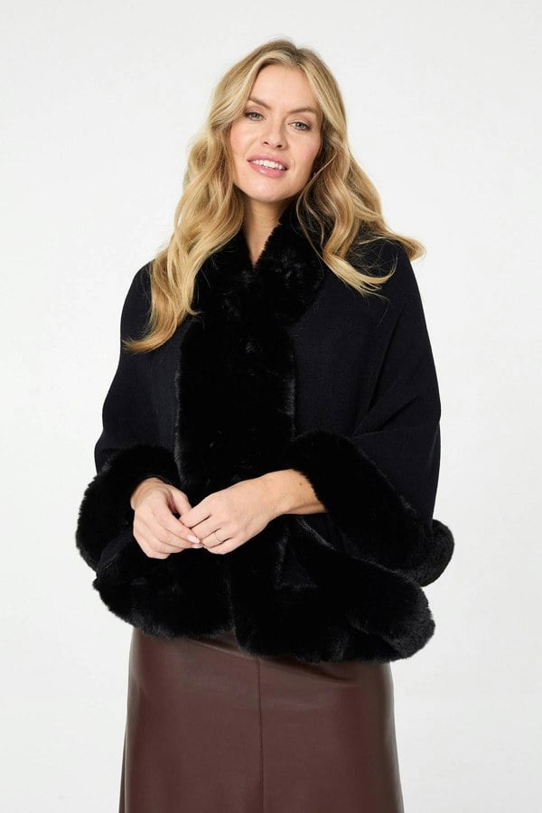Black | Faux Fur Trim Batwing Poncho
