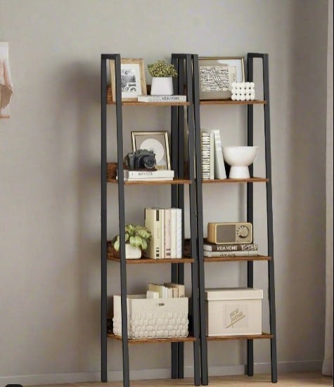 Modcraft Industrial 4-Tier Ladder Shelf, Rustic Brown & Black Bookcase for Living Room or Office