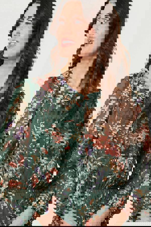 Green | Floral Tiered Long Sleeve Midi Dress