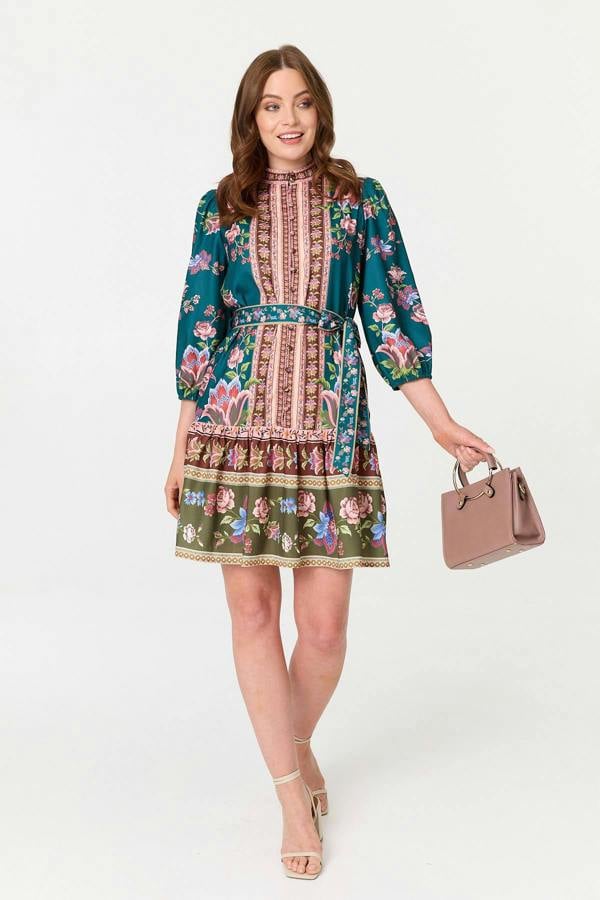 Green | Floral Border Print Short Shirt Dress