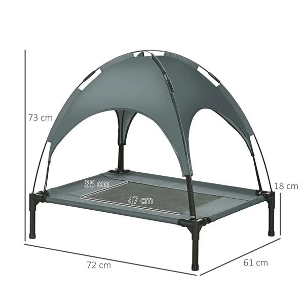 Grey elevated pet cot with canopy; size markings and raised legs
