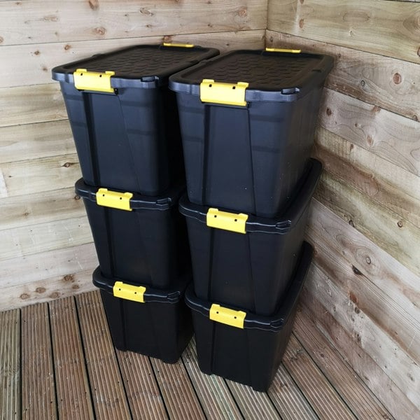 Samuel Alexander 6 x 60L Heavy Duty Storage Tubs Sturdy, Lockable, Stackable and Nestable Design Storage Chests with Clips in Black