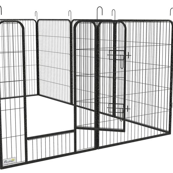Interior view of grey 12-panel puppy playpen with sliding latch gate and wire walls