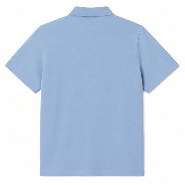 Back view of a light blue Lacoste regular fit pique polo shirt.