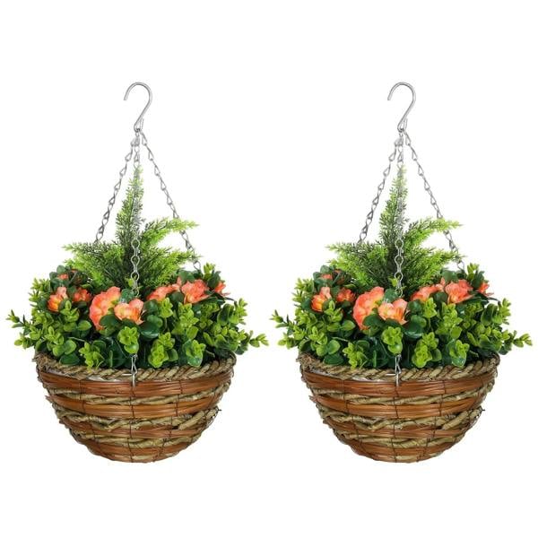 Set of two hanging baskets with orange lisianthus-style blooms and green foliage