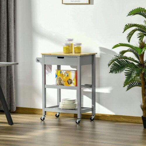 Wyld Haus Vena Wooden Grey and Natural Kitchen Trolley With Worktop Drawer And Shelves