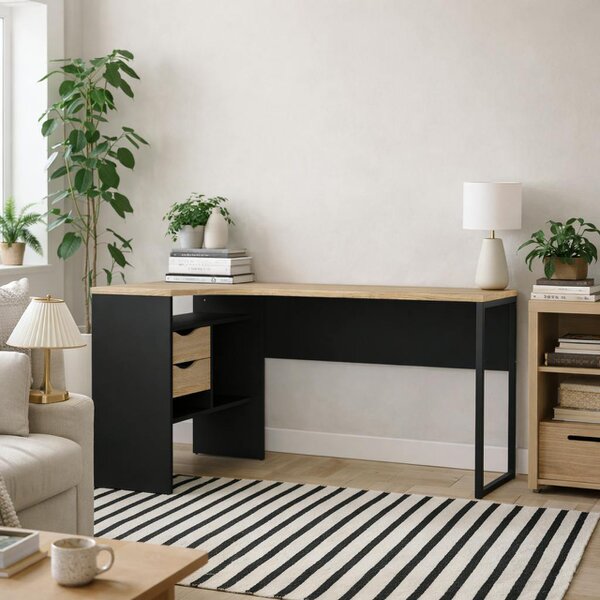 Wyld Haus Billabong Black and Natural Oak Wood Corner Office Desk 2 Drawers
