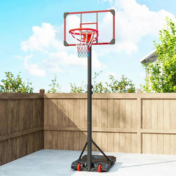 Basketball hoop with red rim, clear backboard, and wheeled base on black stand