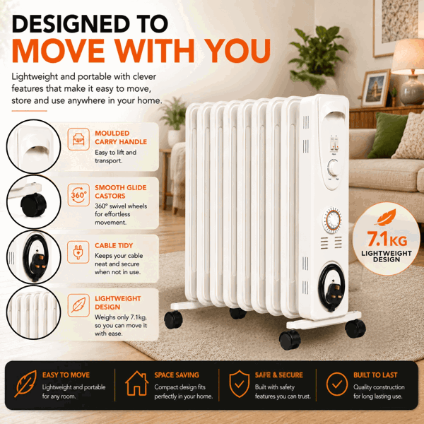 Mylek Oil Filled Electric Portable Heater Radiator with Adjustable Thermostat 2000w With Timer