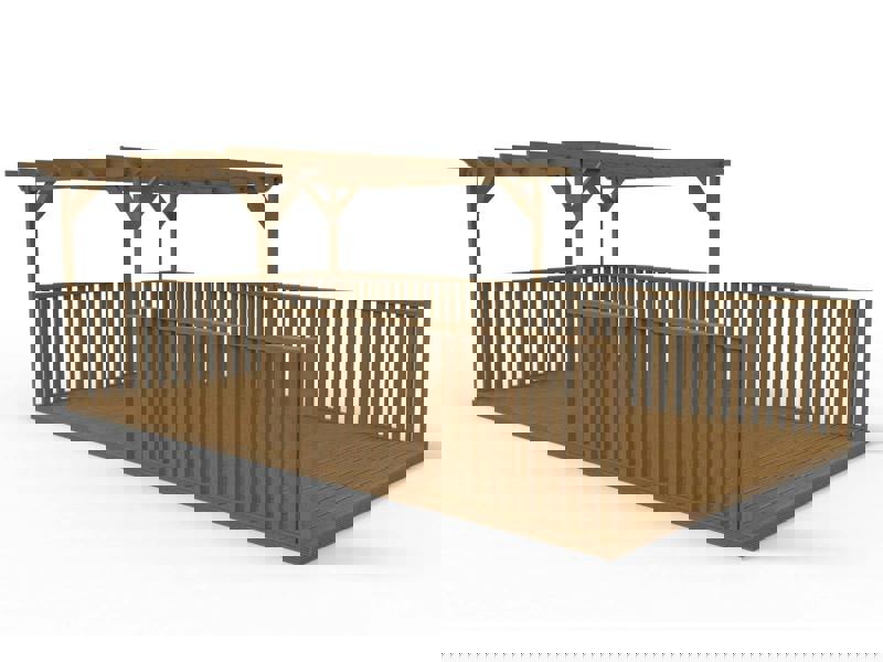 Rectangular pergola and decking kit with balustrade, made from pressure treated timber and high quality pergola posts, featuring a raised wooden deck, vertical slatted balustrade, and an open pergola roof frame.