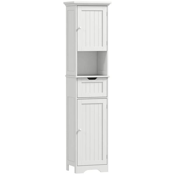 White slim bathroom storage cabinet with two paneled doors and a drawer