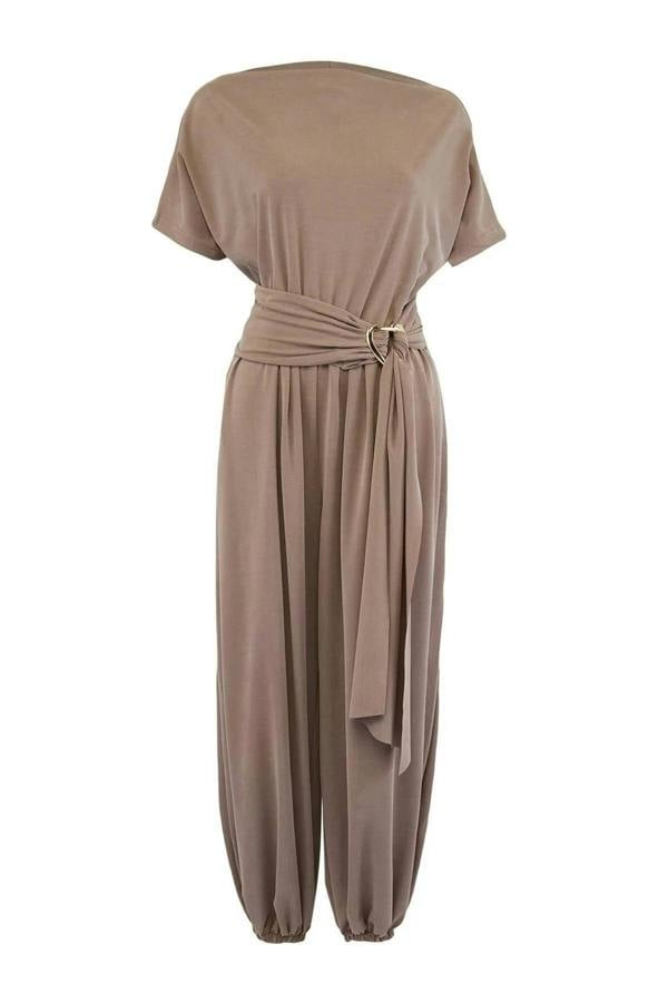 WOVCOR Boat Neck Belted Wide Leg Long Knitted Jumpsuit