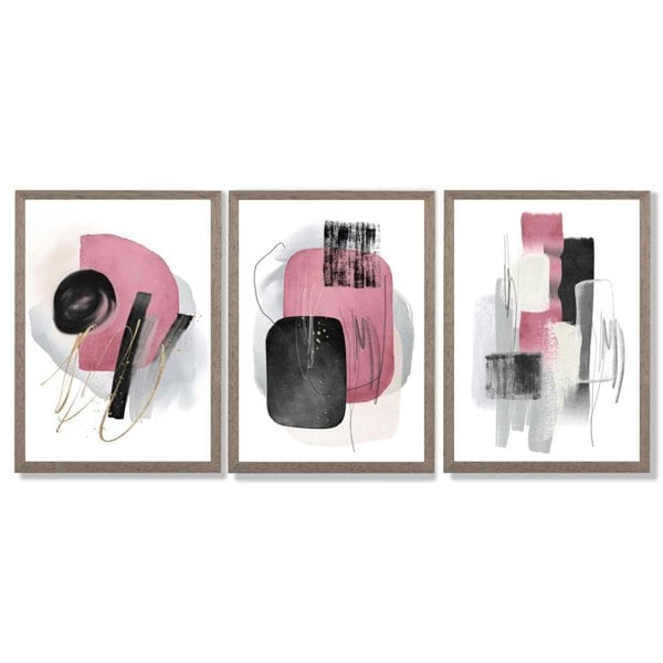 Set of 3 Abstract Black and Pink Watercolour Framed Art Prints with Light Walnut Frames