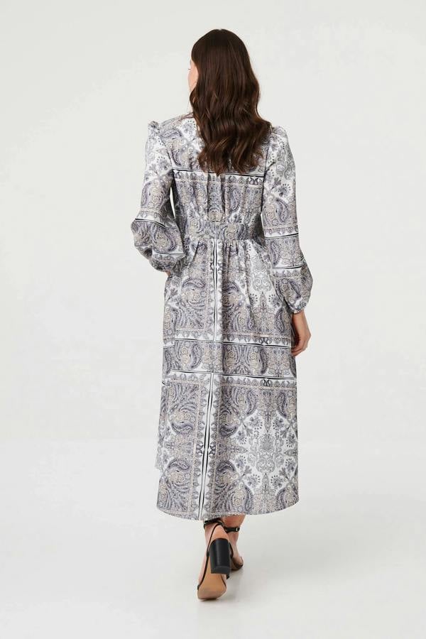 Grey | Printed Long Sleeve Shirred Midi Dress