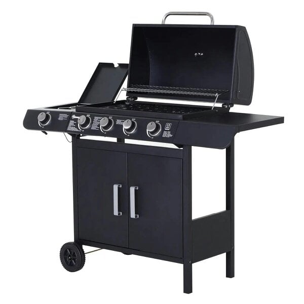 Bobobiy 4+1 Burner Gas BBQ Grill, Outdoor Barbecue Trolley with Wheels, Warming Rack, Side Shelves, Thermometer, 125 L x 51 W x 100 H cm, Black