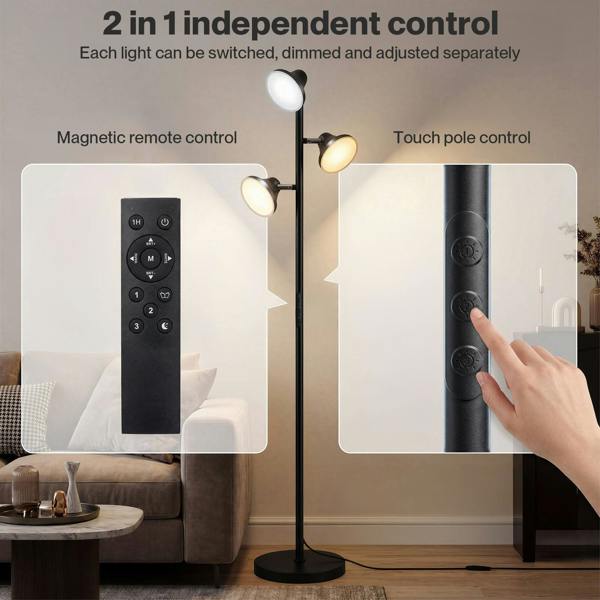 Emitto Floor Lamp 3 Head LED Reading Light Rotatable Remote Standing Lamp Black