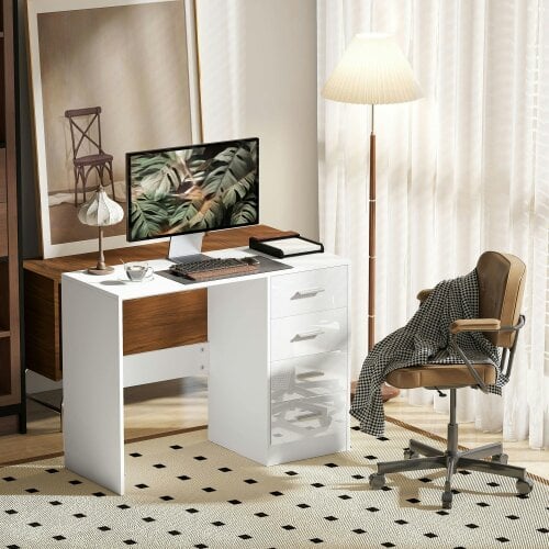 Wyld Haus Reka 98cm High Gloss White Desk 4 Drawers For Home Office