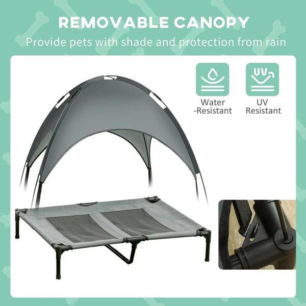 Grey pet bed with removable canopy, water-resistant and UV protection icons