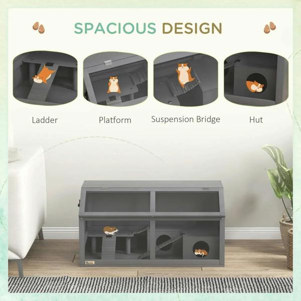 Charcoal grey wooden hamster cage with ladder, platform, suspension bridge, and hut