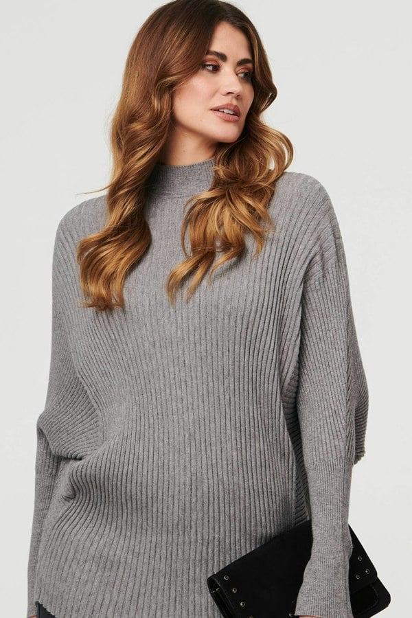 Grey | Striped Texture Batwing Sleeve Jumper
