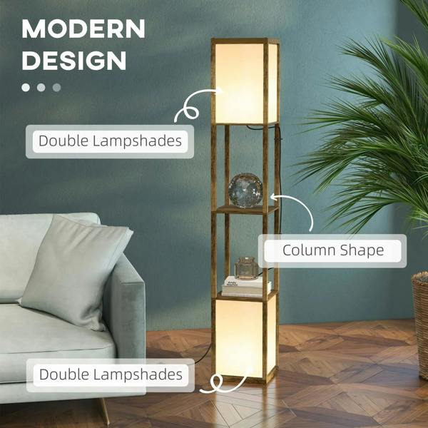 Brown modern column floor lamp with two glowing shades and stacked display shelves